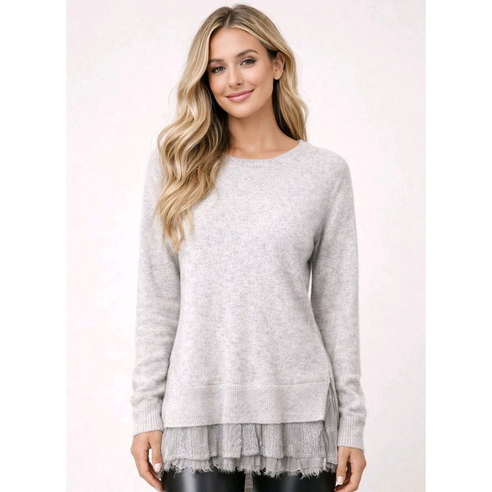Garnet Hill Women's 100% Cashmere Sweater XS Gray Layered Lace Hem Luxe Soft